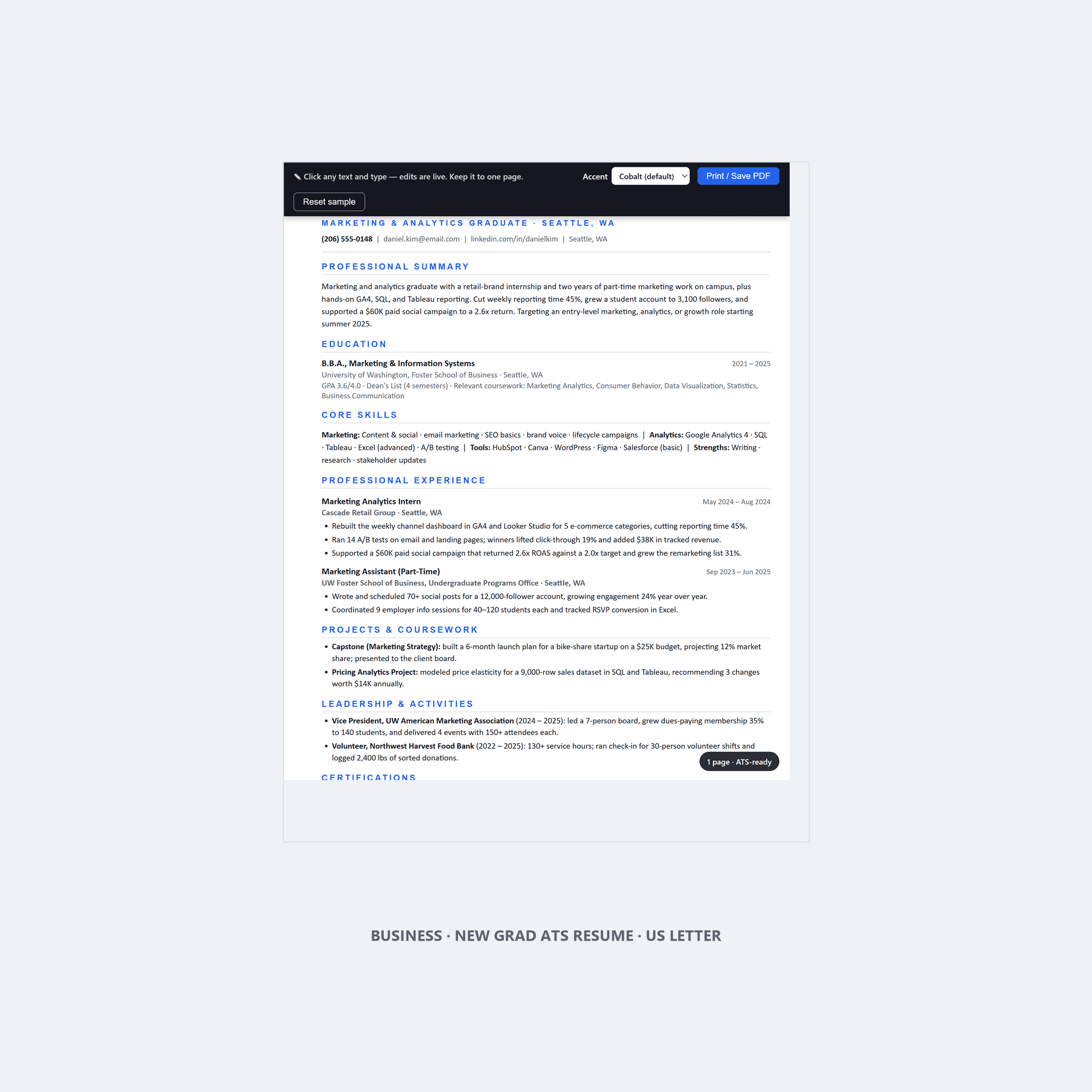 Business & Marketing Resume Template for New Grads — ATS, 1 Page, US Letter | Word & Google Docs — preview 1