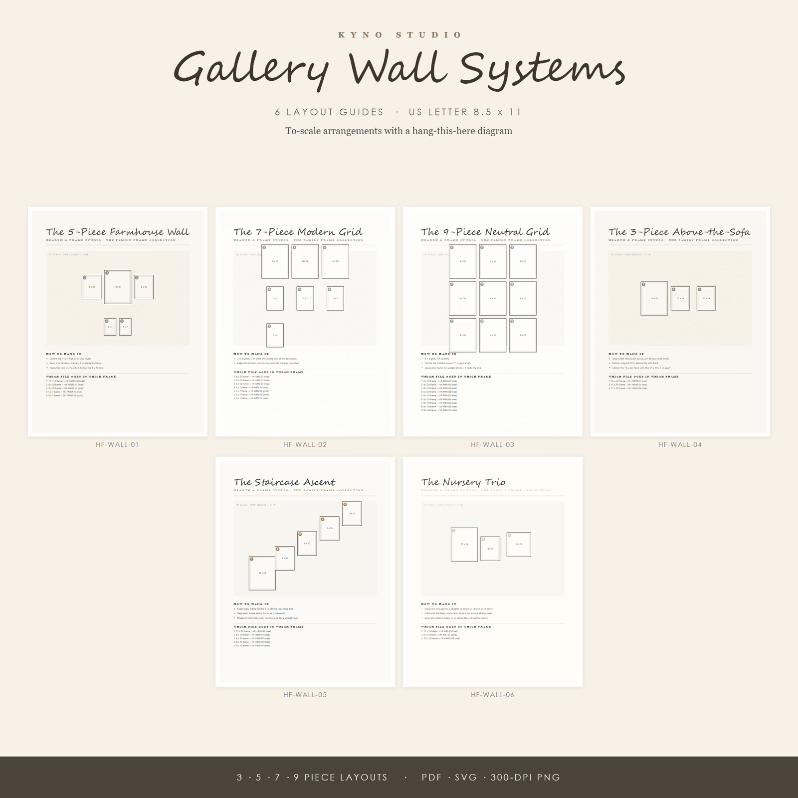 Gallery Wall Layout Guide Printable — 3, 5, 7 & 9 Piece Frame Arrangements | To-Scale Plan | Instant Download — preview 1