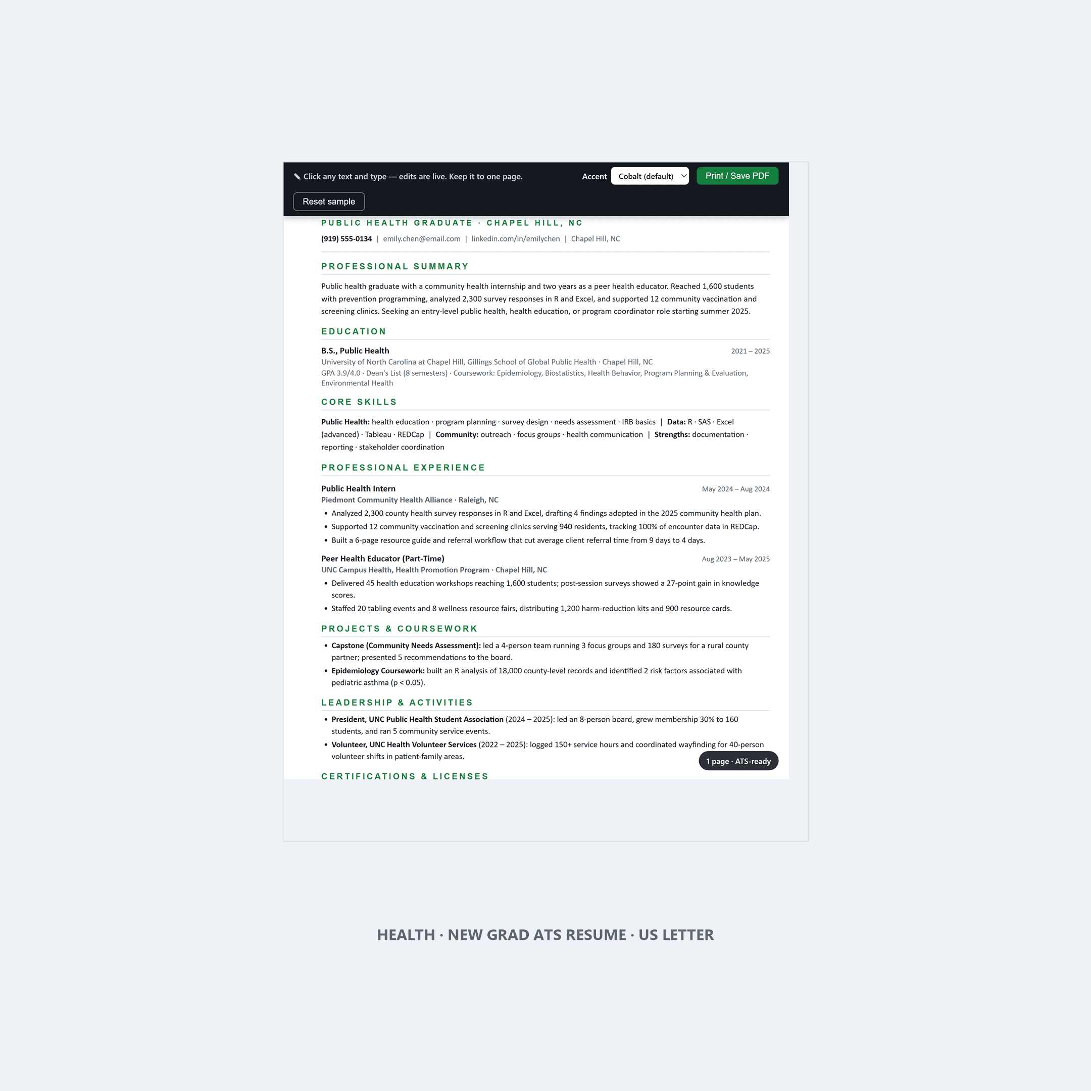 Health / Public Health Resume Template for New Grads — ATS, 1 Page, US Letter | Word & Google Docs — preview 1