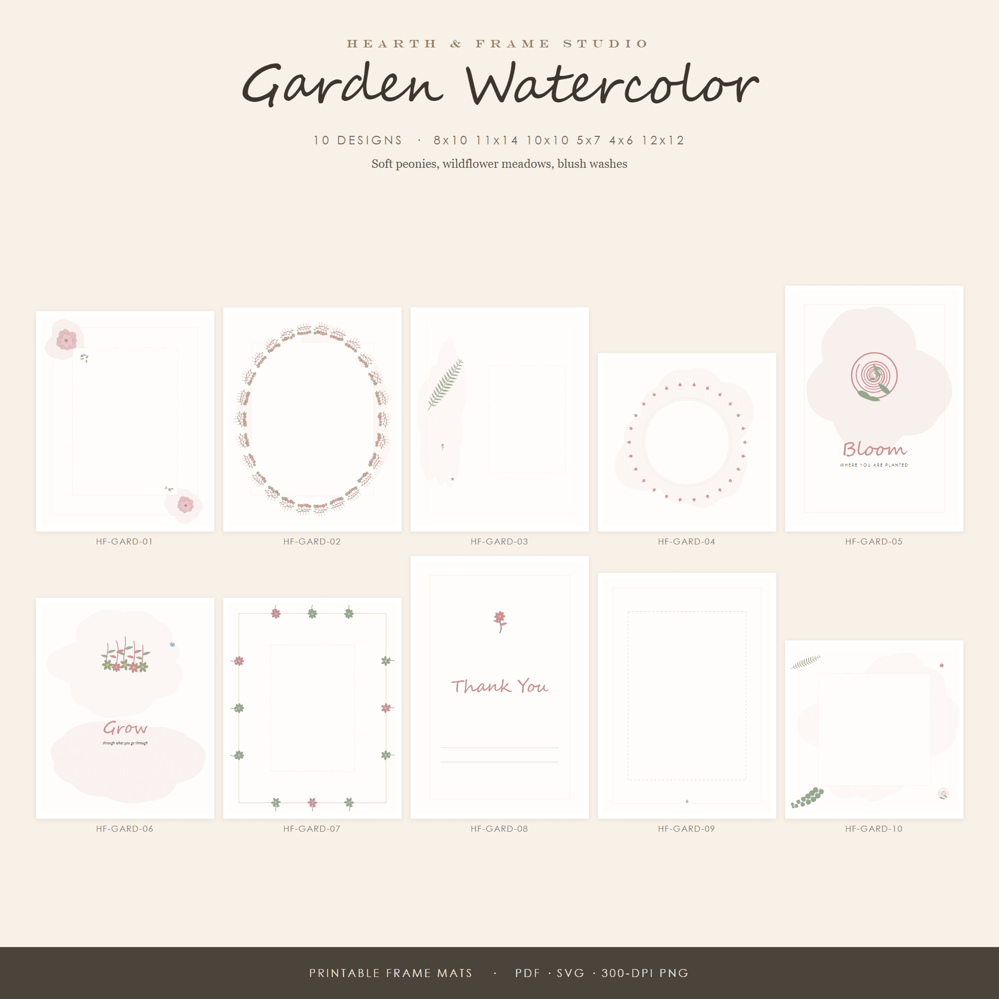 Garden Watercolor Frame Mat Printable Set — 10 Photo Mats & Inserts, US Sizes 4x6 to 16x20 | Instant Download — preview 1