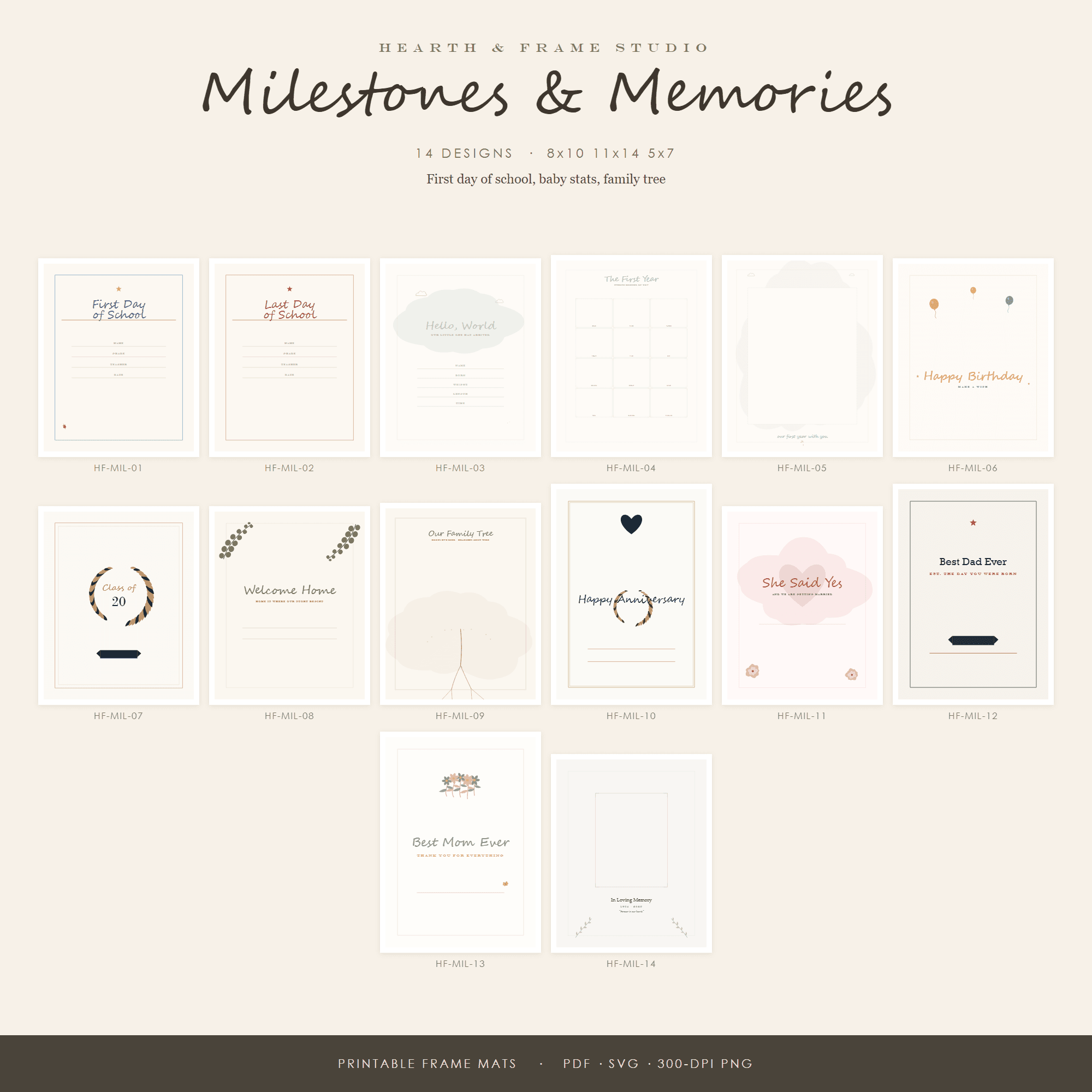 Milestones & Memories Frame Mat Printable Set — 10 Photo Mats & Inserts, US Sizes 4x6 to 16x20 | Instant Download — preview 1