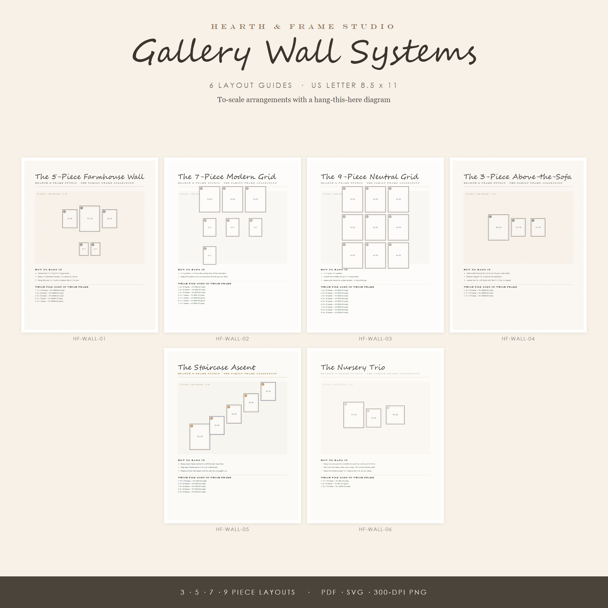 Gallery Wall Layout Guide Printable — 3, 5, 7 & 9 Piece Frame Arrangements | To-Scale Plan | Instant Download — preview 1