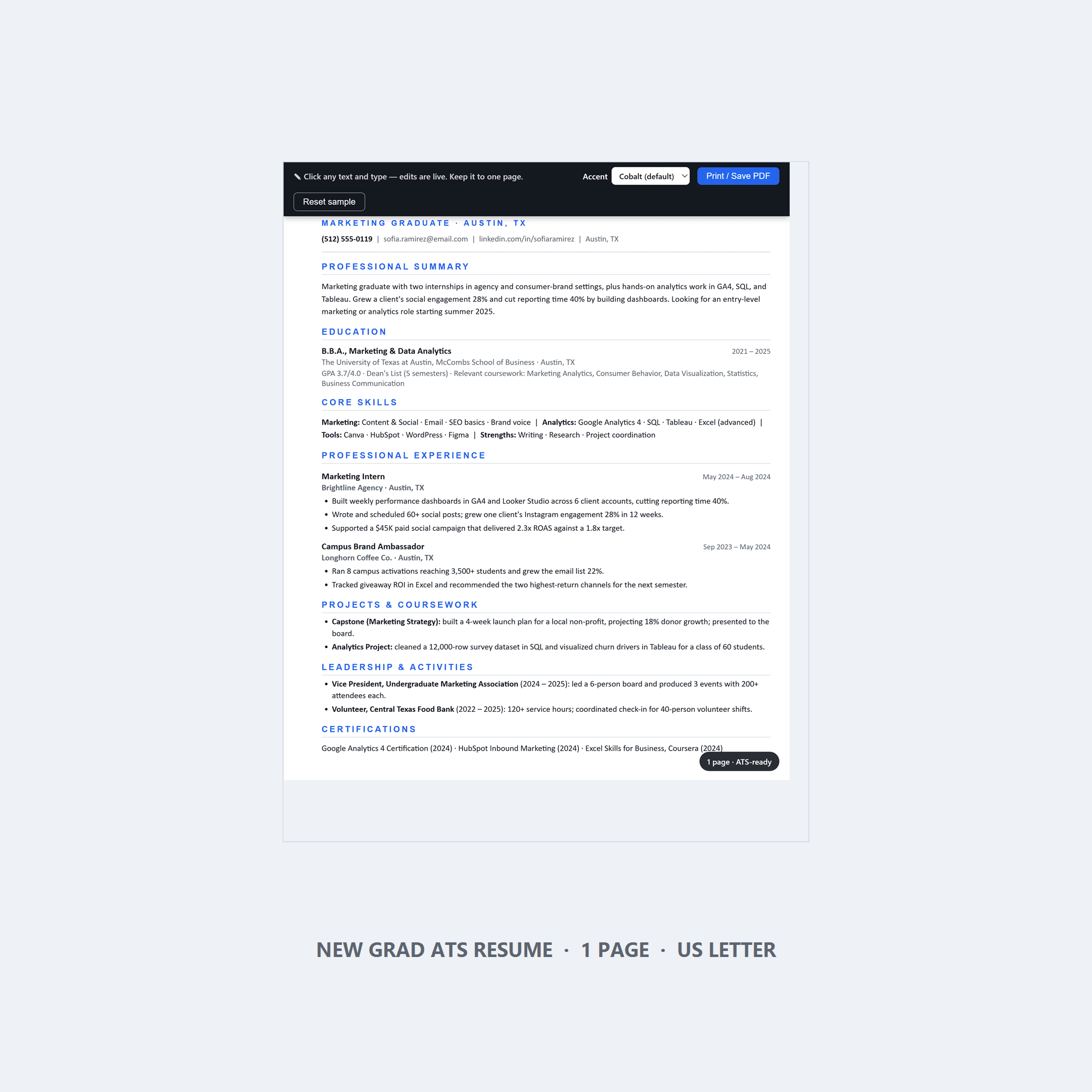 New Grad Resume Template — ATS Friendly, 1 Page, US Letter | Word & Google Docs — preview 1