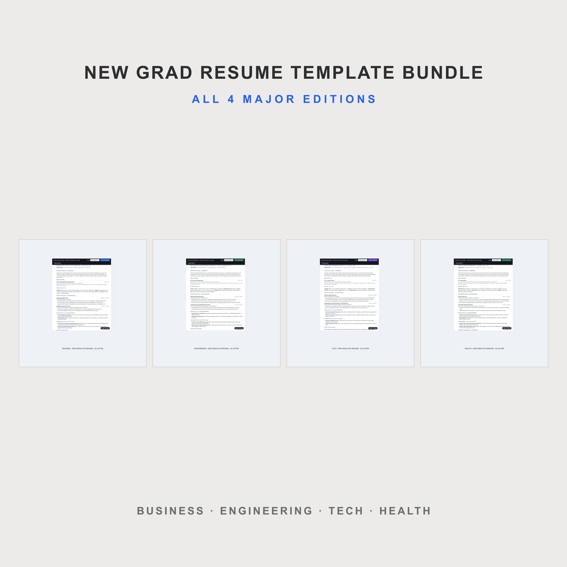 New Grad Resume Template Bundle — All 4 Major Editions + Base | ATS, 1 Page, US Letter — preview 1
