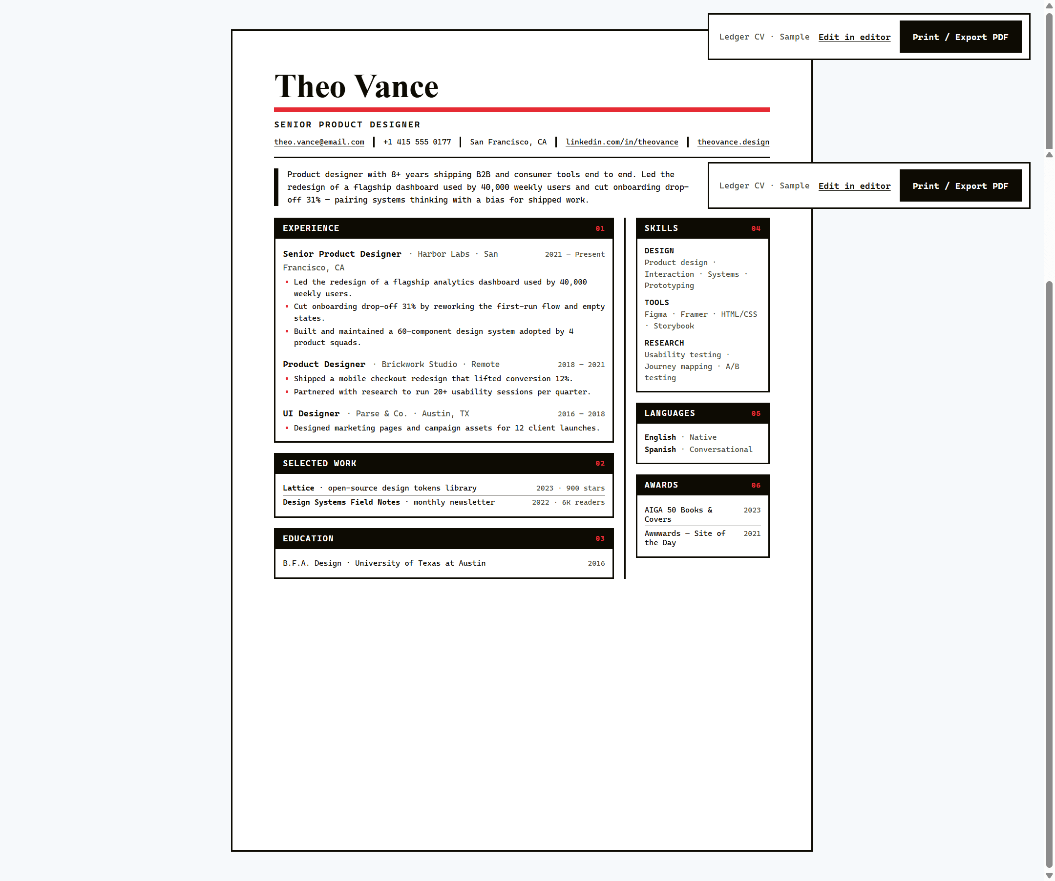 Ledger Brutalist Resume Template — Monospace A4 CV