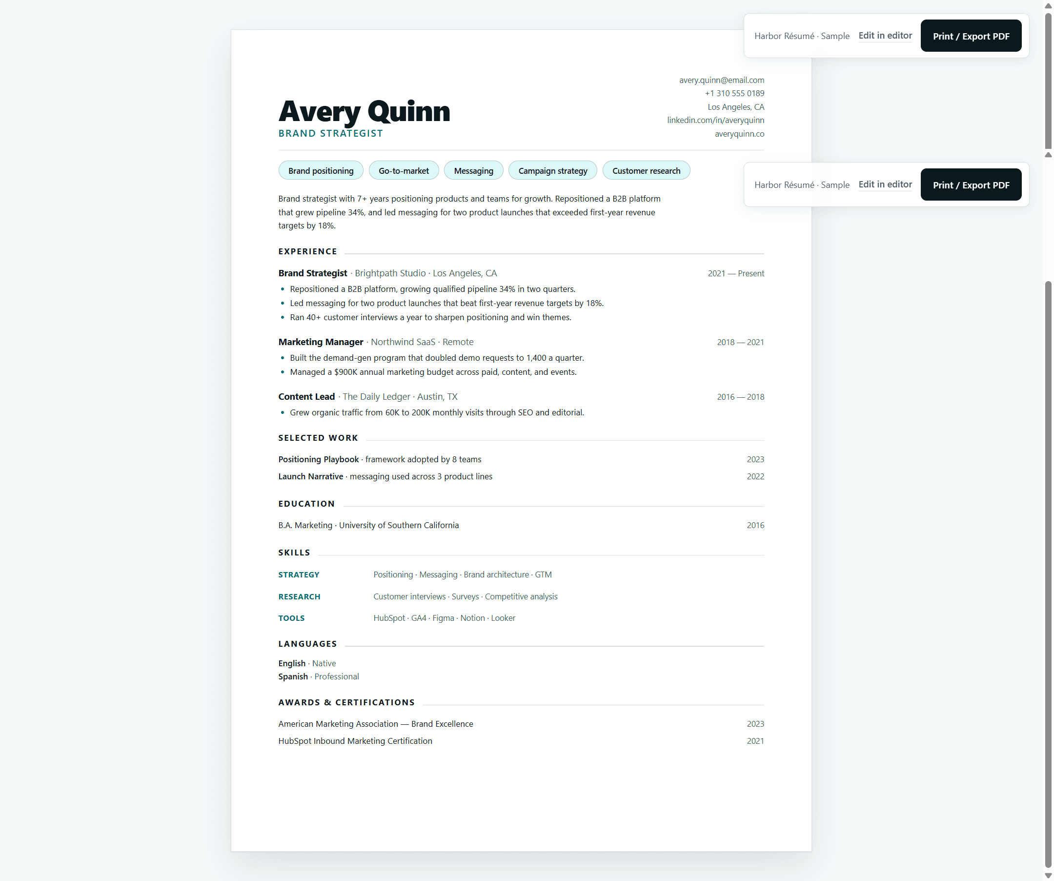 Harbor Modern Resume Template — Single Column A4 CV