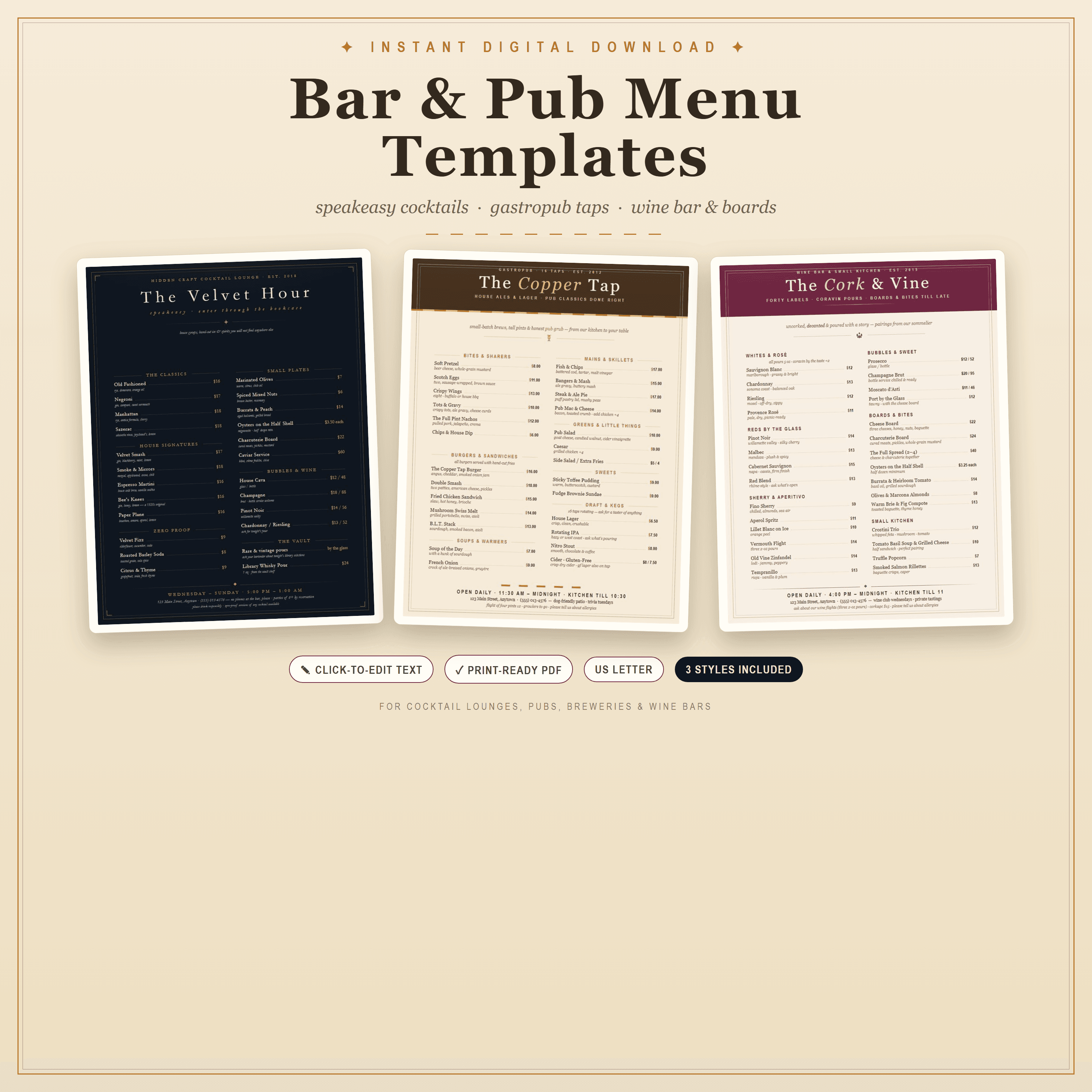 Bar & Pub Menu Template — 3 Editable Styles