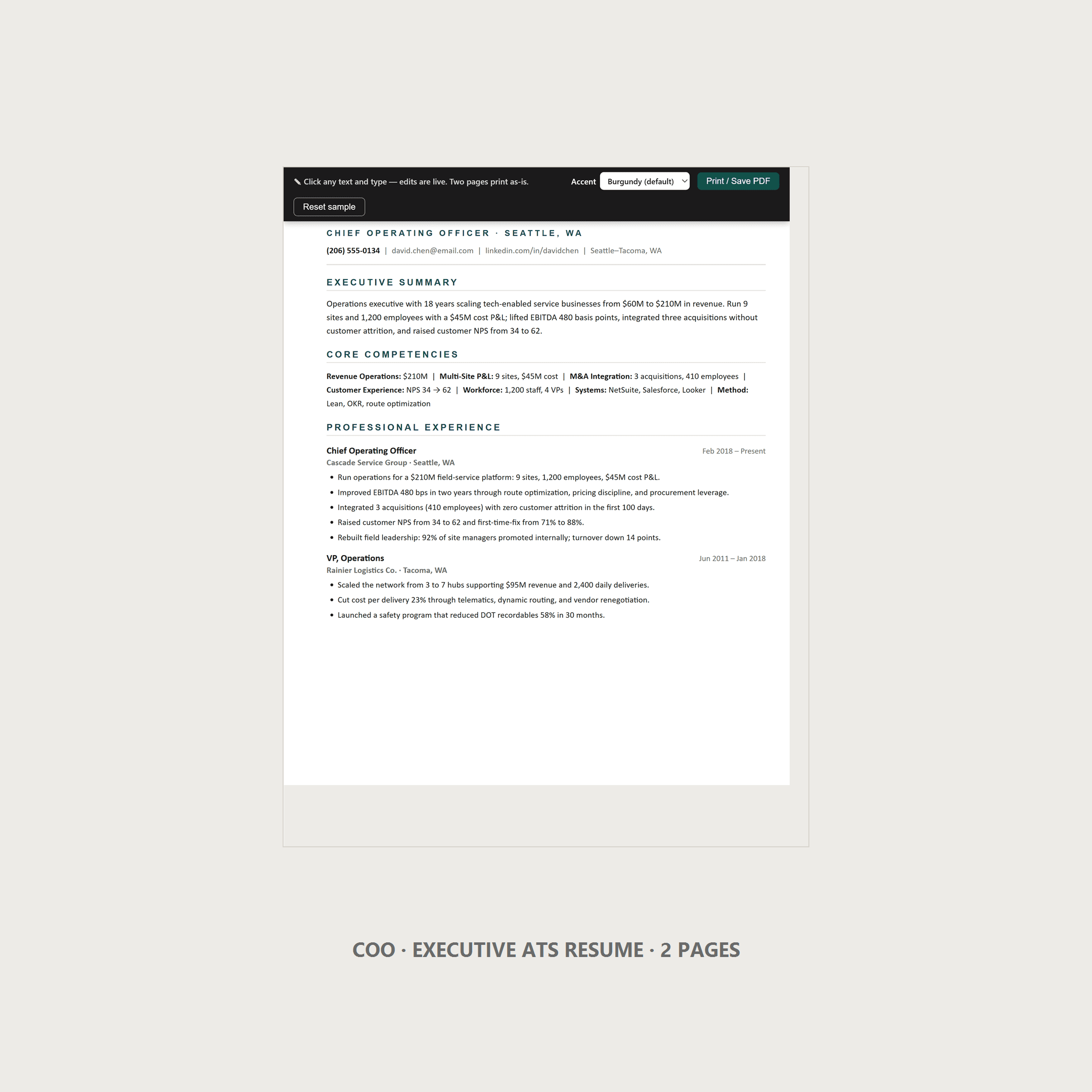 COO Resume Template — Executive ATS, 2 Page, US Letter | Word & Google Docs