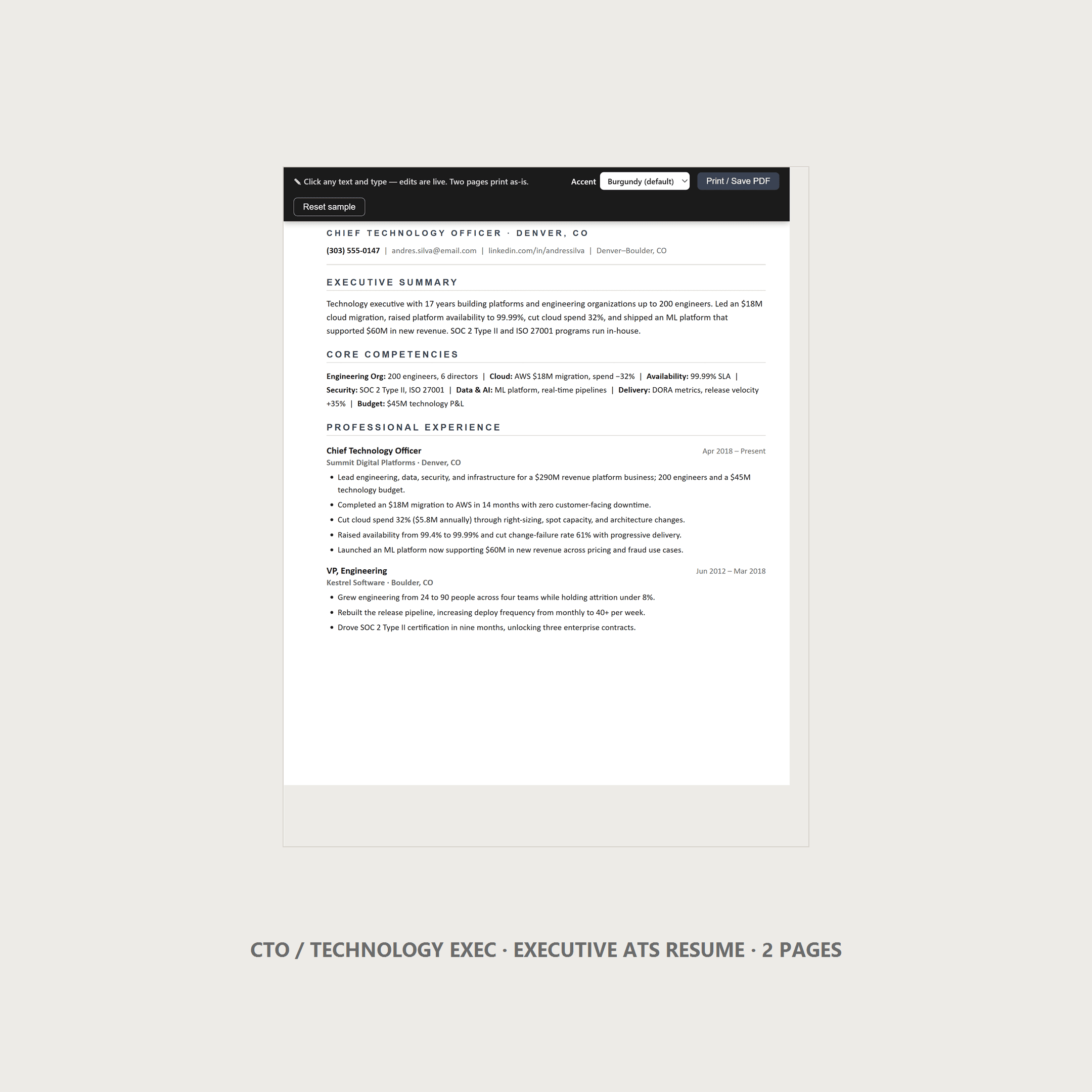 CTO Resume Template — Executive ATS, 2 Page, US Letter | Word & Google Docs