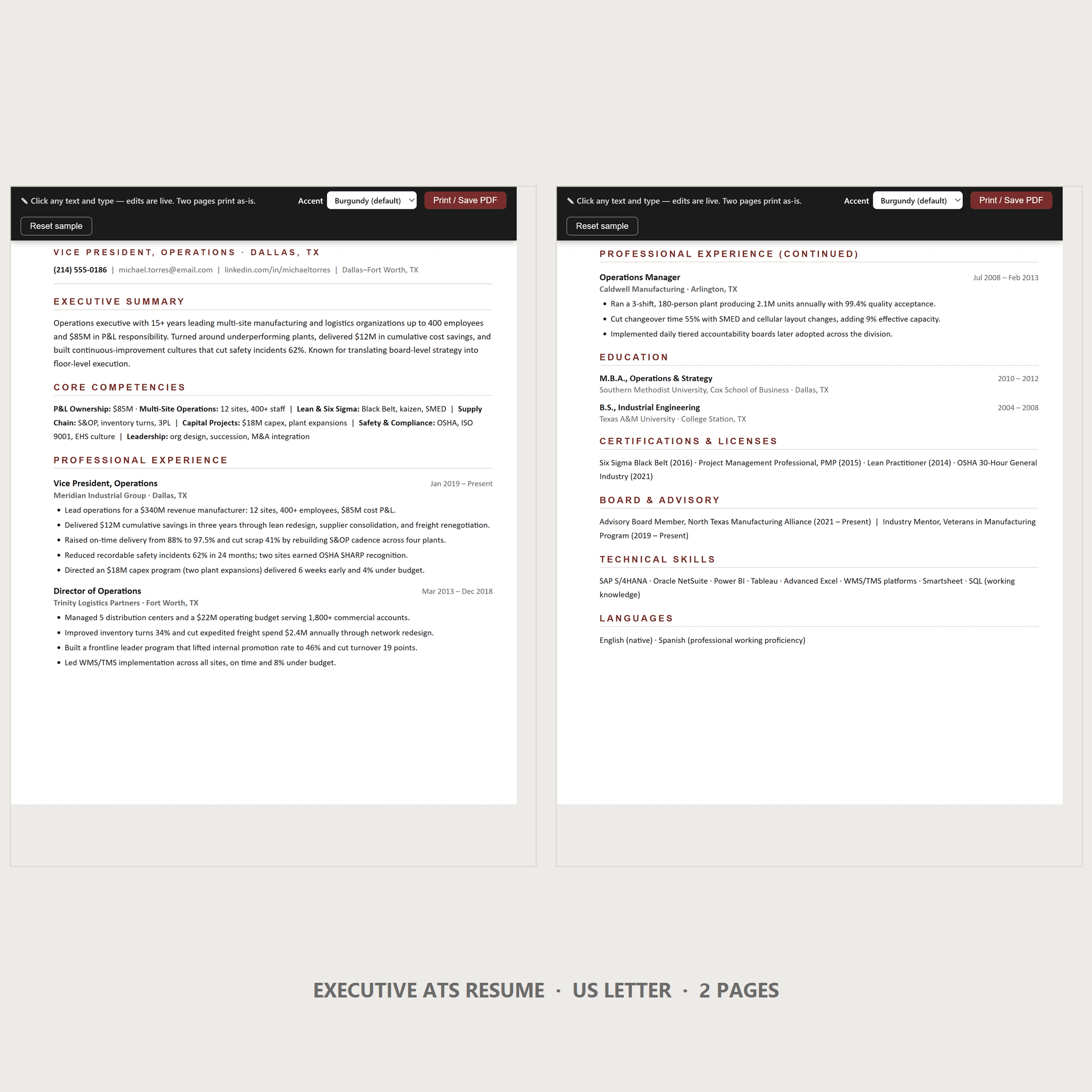 Executive ATS Resume Template — 2 Page, US Letter, Word & Google Docs