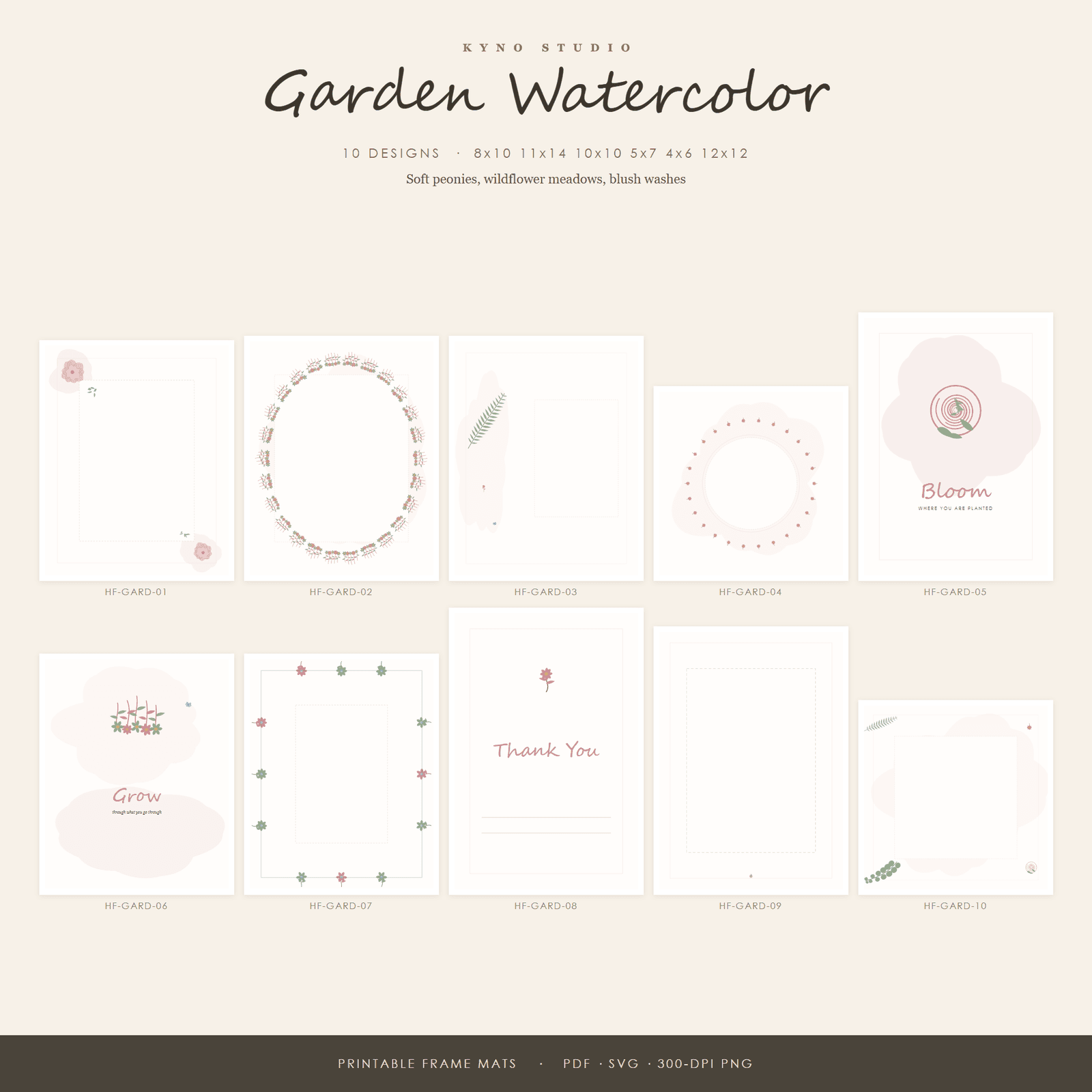 Garden Watercolor Frame Mat Printable Set — 10 Photo Mats & Inserts, US Sizes 4x6 to 16x20 | Instant Download