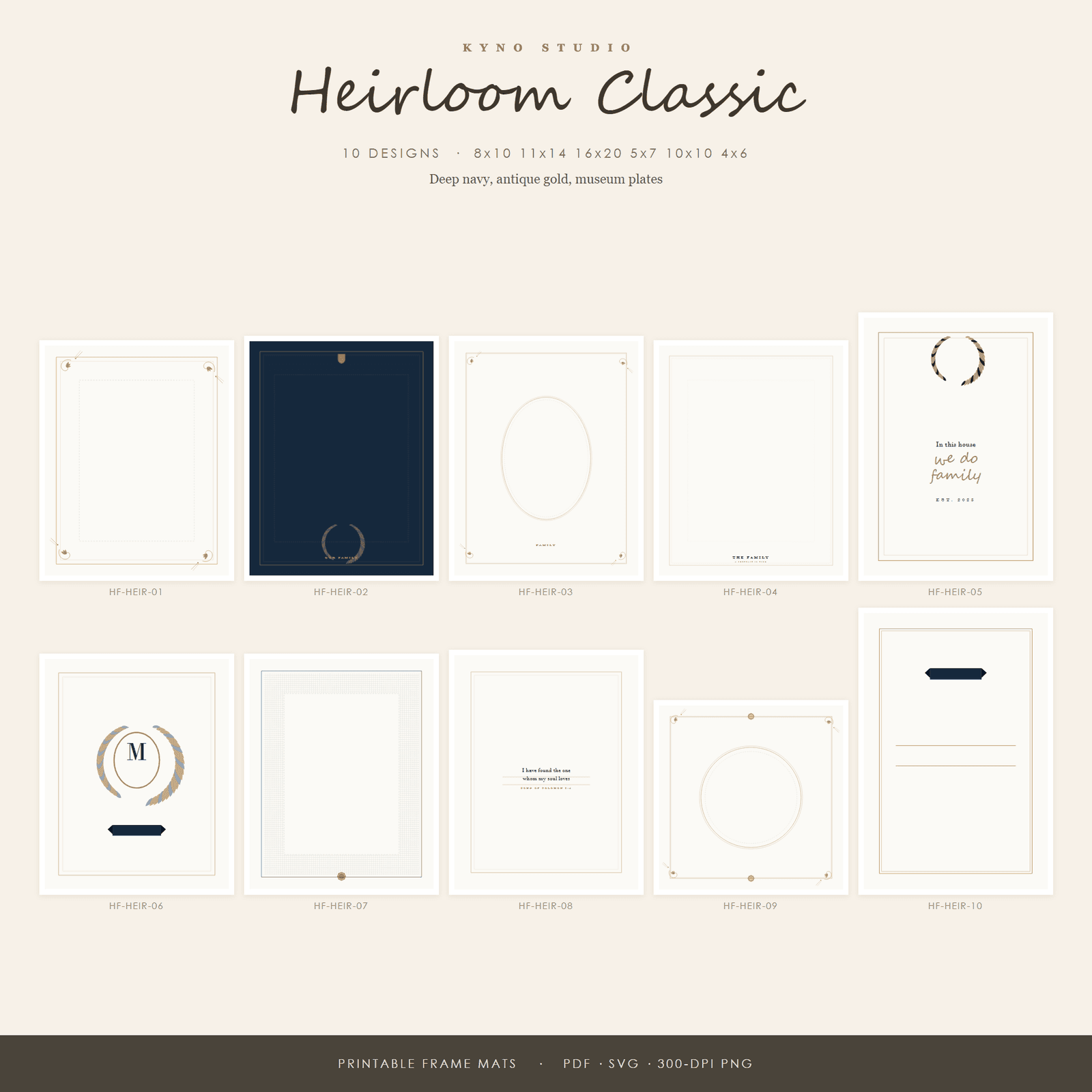 Heirloom Classic Frame Mat Printable Set — 10 Photo Mats & Inserts, US Sizes 4x6 to 16x20 | Instant Download