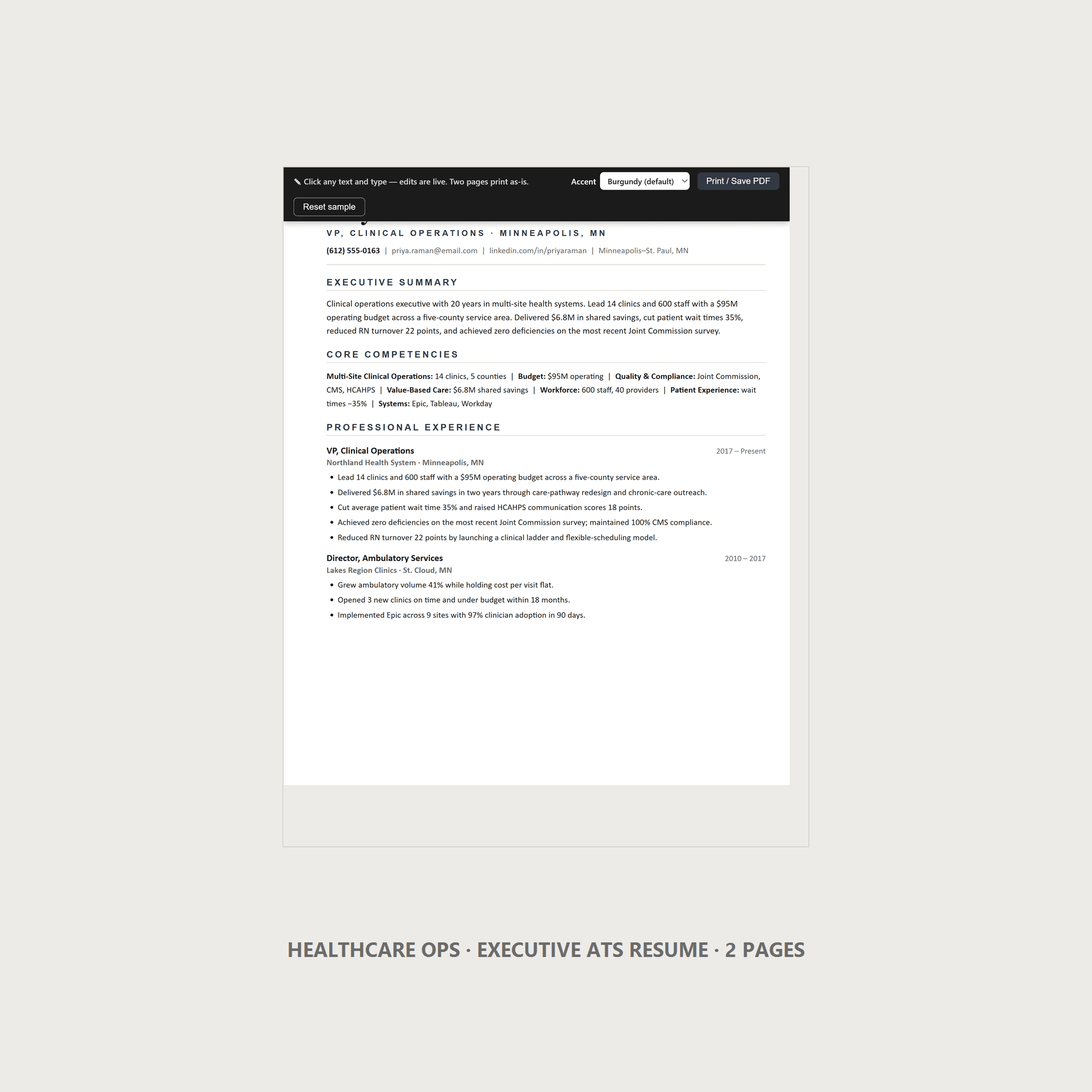Healthcare Executive Resume Template — VP Clinical Operations, 2 Page ATS, US Letter