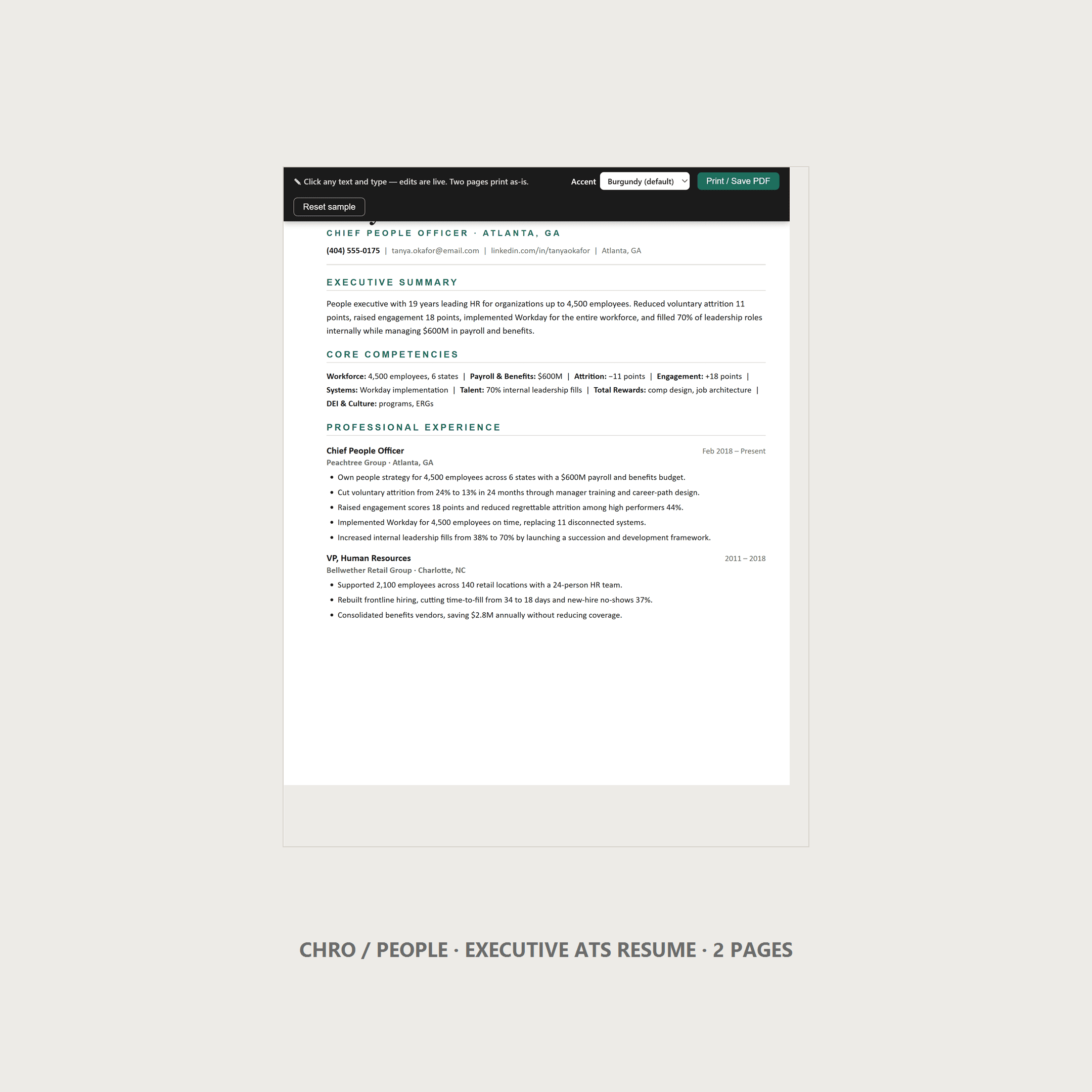 CHRO Resume Template — Chief People Officer, Executive ATS, 2 Page, US Letter | Word & Google Docs