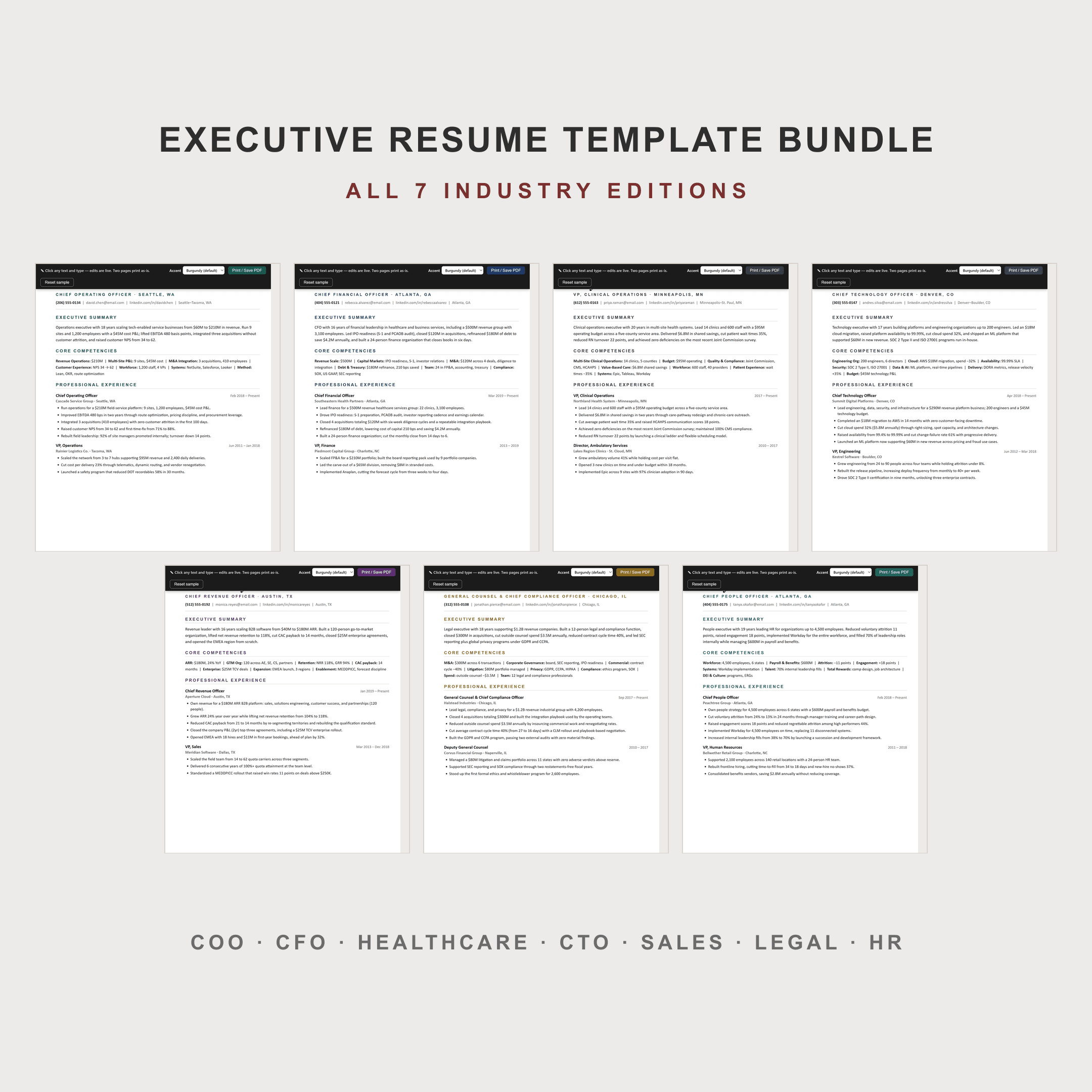 Executive Resume Template Bundle — All 7 Industry Editions + Base | 2 Page ATS, US Letter