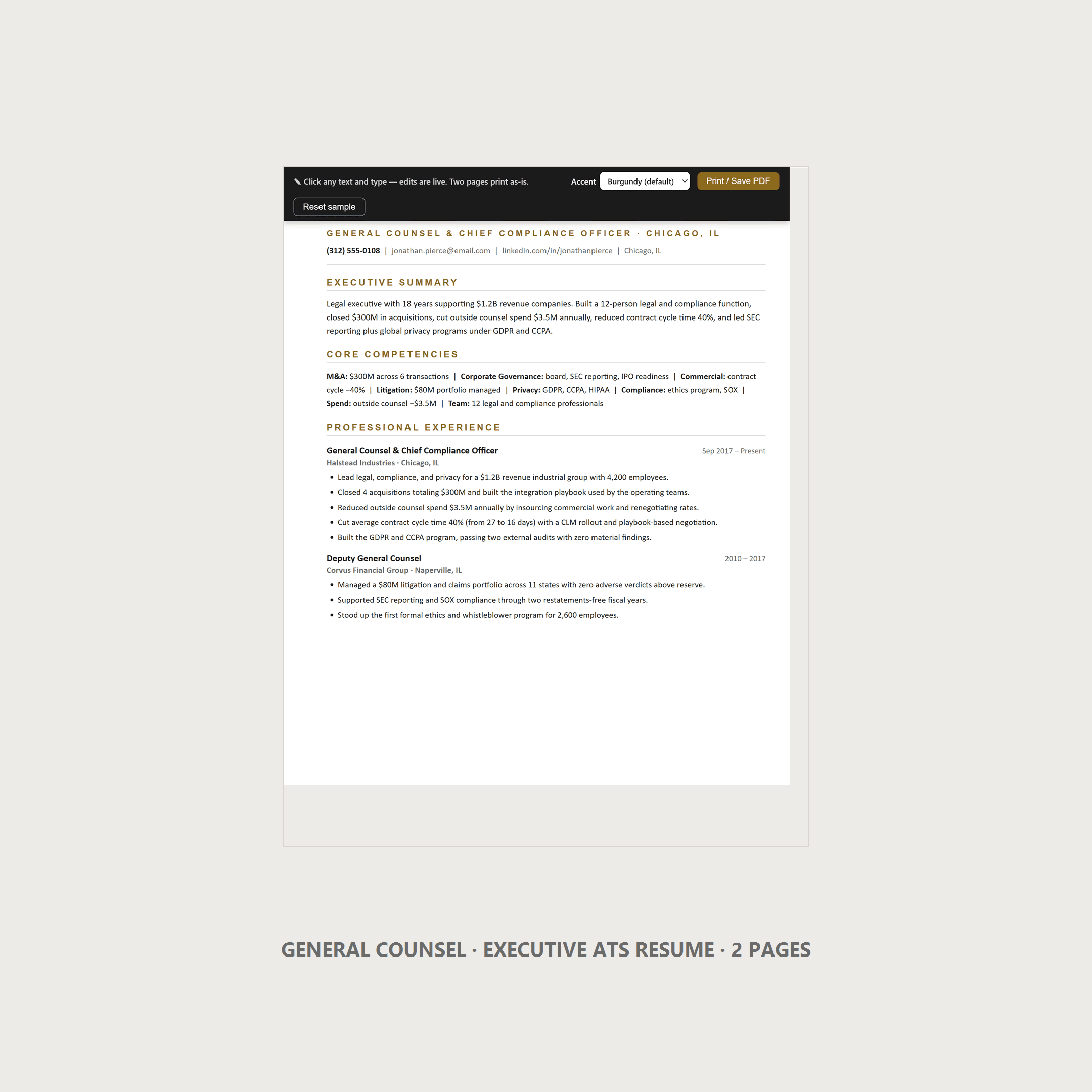 General Counsel Resume Template — Executive ATS, 2 Page, US Letter | Word & Google Docs