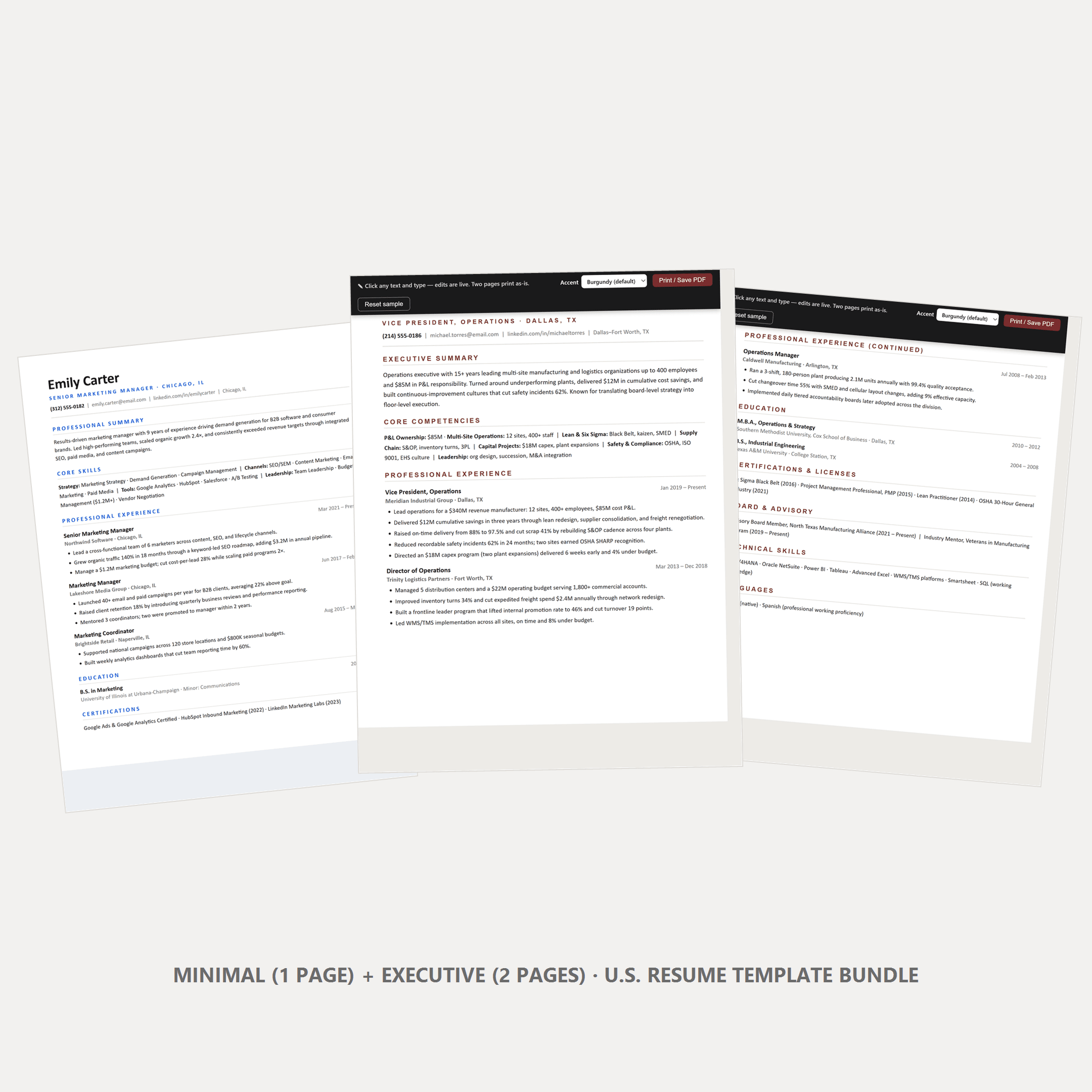 US Resume Template Bundle — One Page Minimal + Two Page Executive | ATS, Word & Google Docs